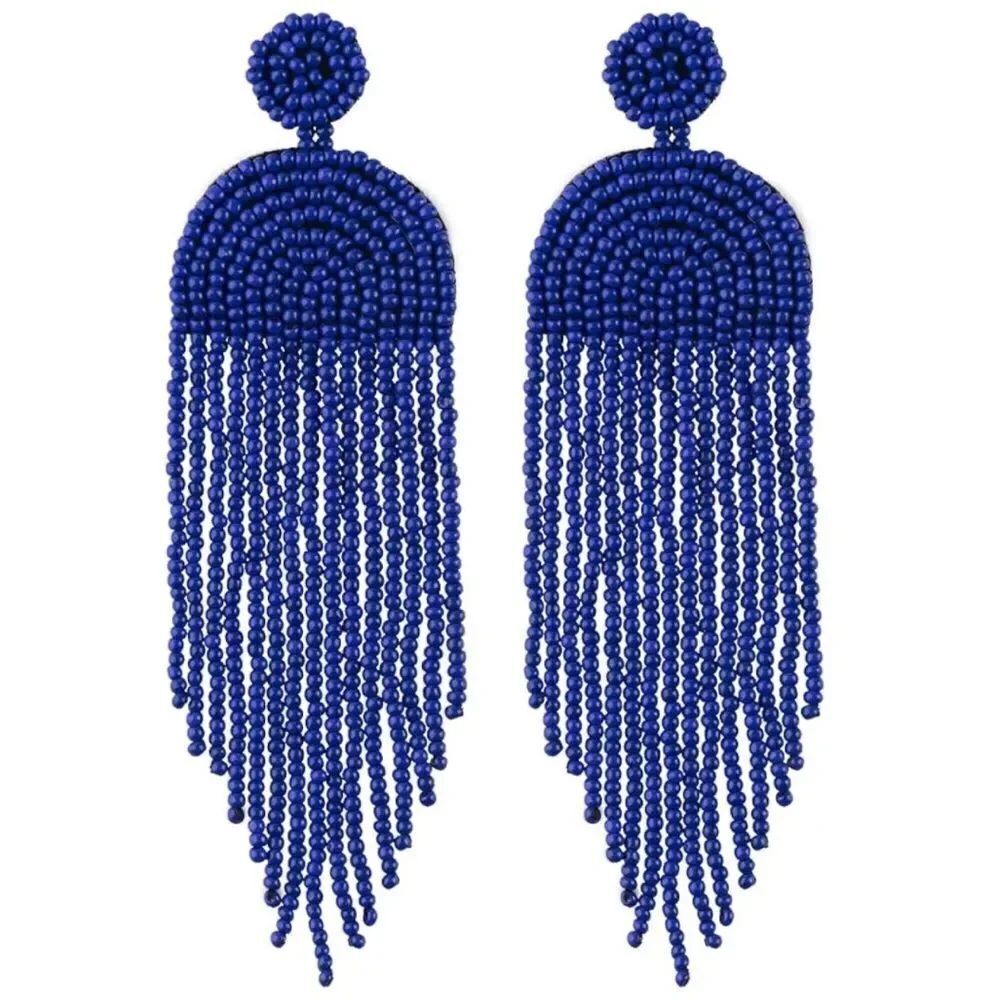 Long Boho Blue Beaded Tassel Fringe Dangling Drop Fan Chandelier Post Earrings